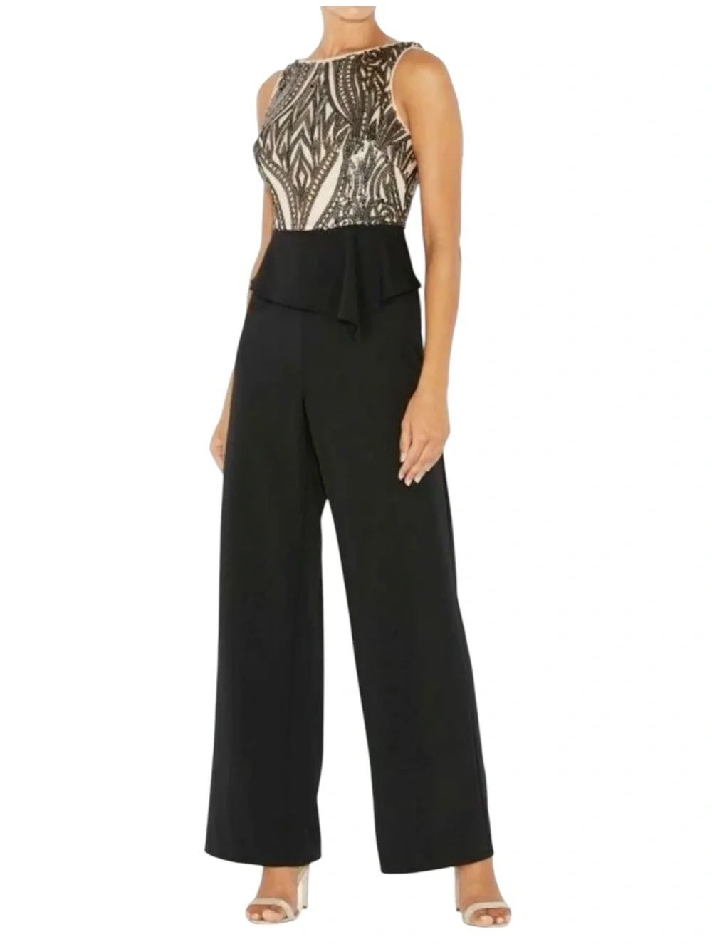 Adrianna Papell Black Sleeveless Sequiin Halter Jumpsuit Sz 8